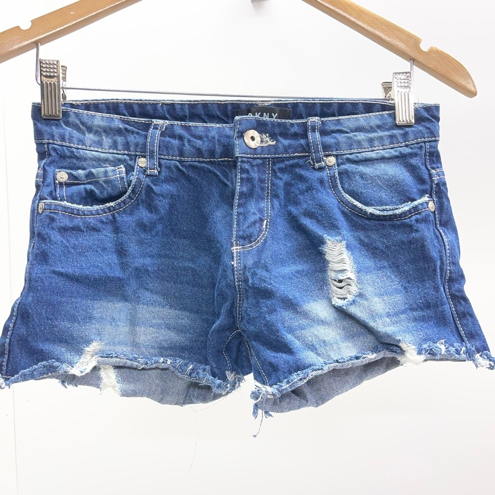 DKNY Frayed Hem Distressed Blue Denim Shorts